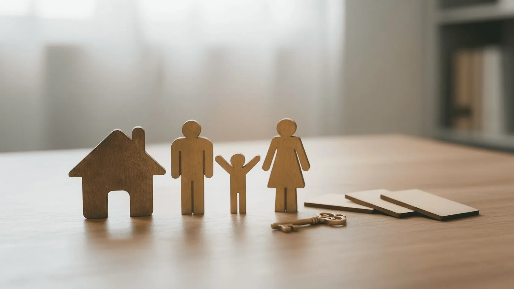 Figuras de madera de una familia junto a una casa y unas llaves, símbolo de proteger la vivienda habitual ante una ejecución hipotecaria