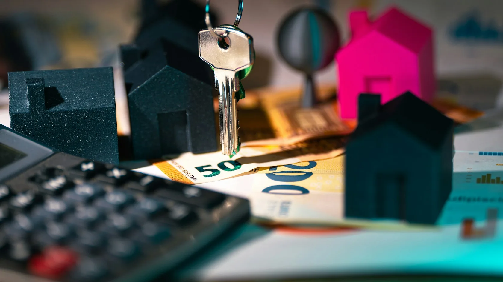 Calculadora, llavero y maqueta de casa sobre una mesa: carencia en la hipoteca