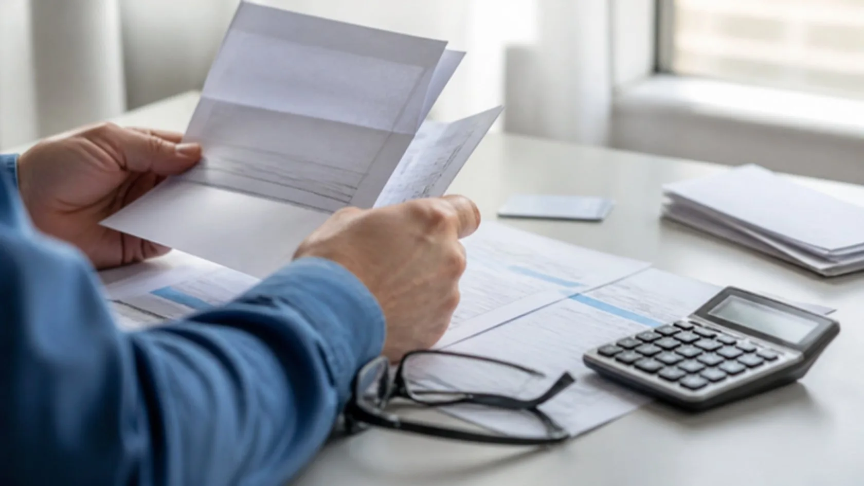Persona revisando contrato y extractos de una tarjeta con calculadora y gafas: cómo saber si mi tarjeta es revolving