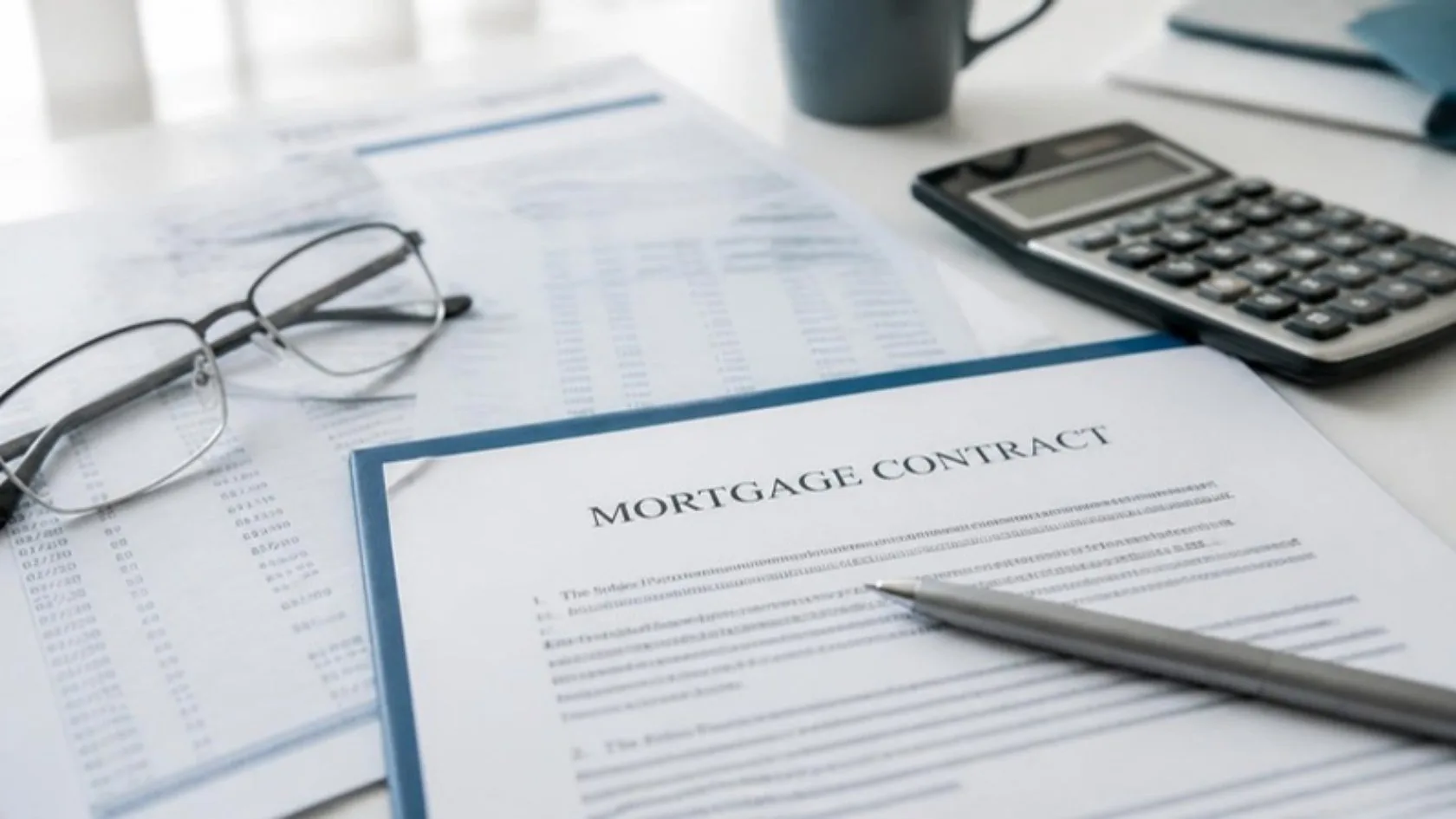 Contrato de hipoteca con gafas y calculadora: comisión de mantenimiento de la cuenta vinculada