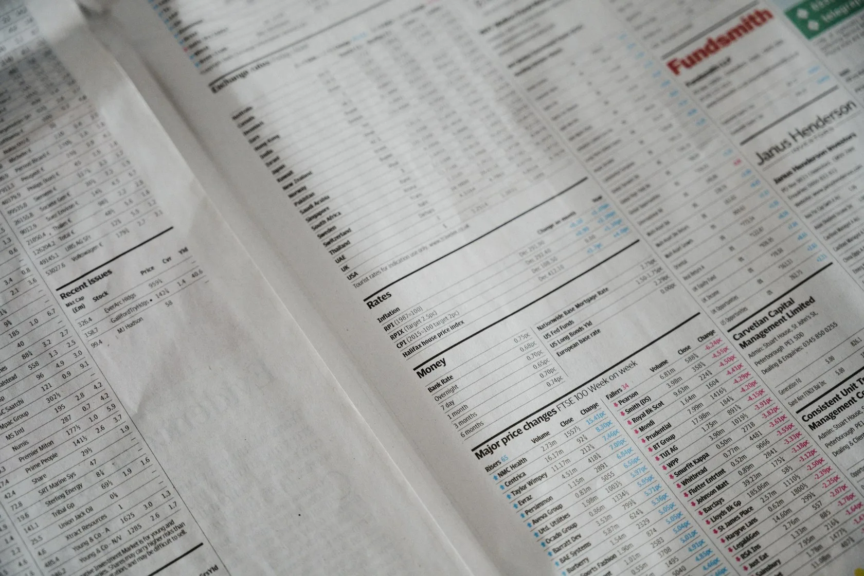 Página de periódico con cifras y tablas financieras para revisar los intereses de un descubierto en cuenta