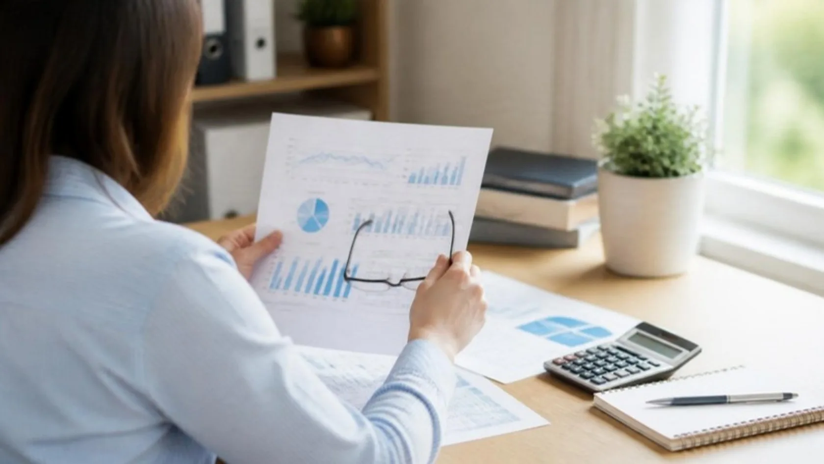 Persona revisando gráficos sobre la deuda de los hogares en España con calculadora
