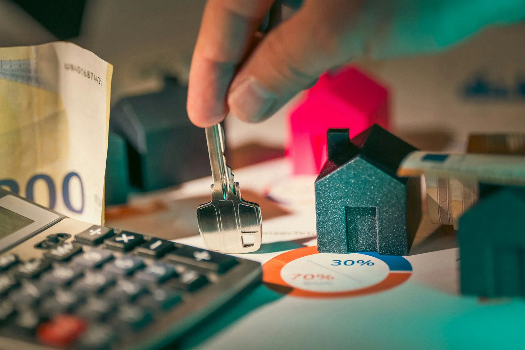 Mano sosteniendo una llave sobre maquetas de casas, vivienda con hipoteca