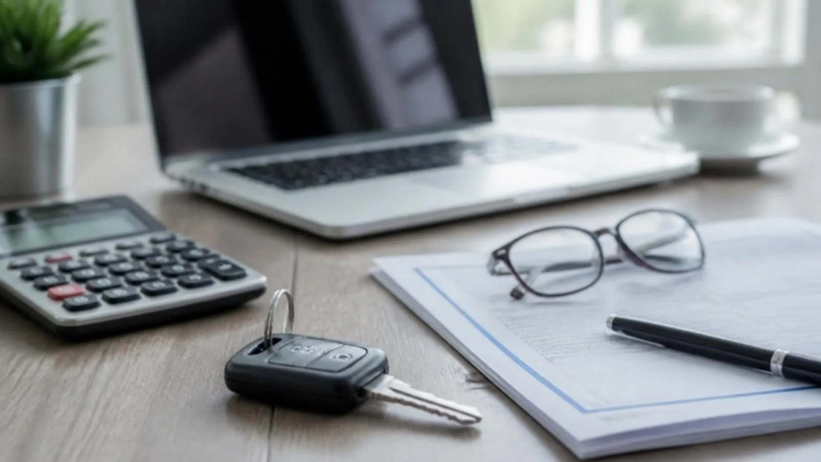 Llaves de coche, contrato de financiación, gafas y calculadora para revisar el impago de un coche financiado