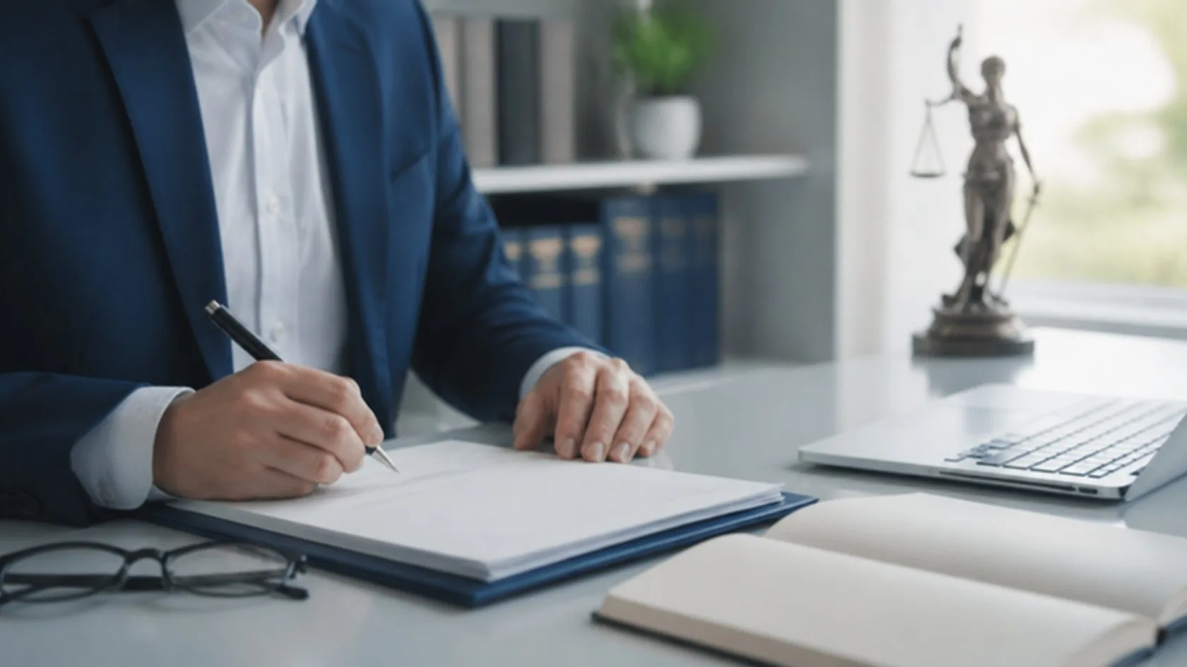 Abogado revisando y firmando documentos legales en un despacho: negociar una deuda antes de la demanda (MASC)