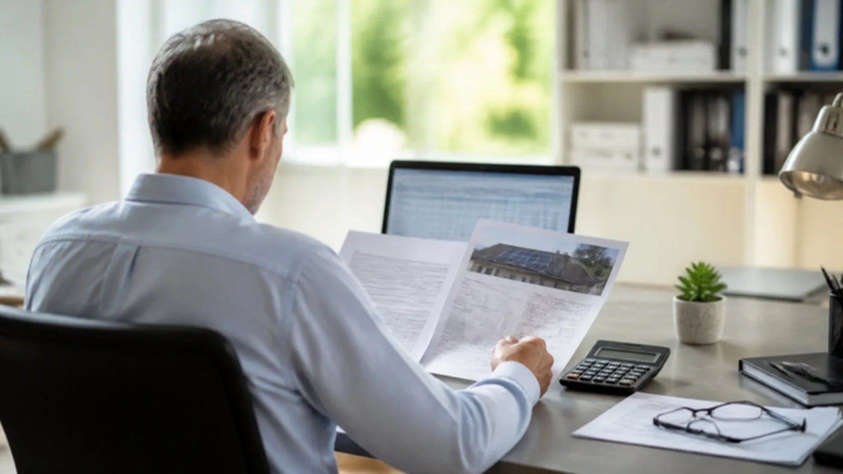 Persona revisando el contrato de préstamo de placas solares en su escritorio