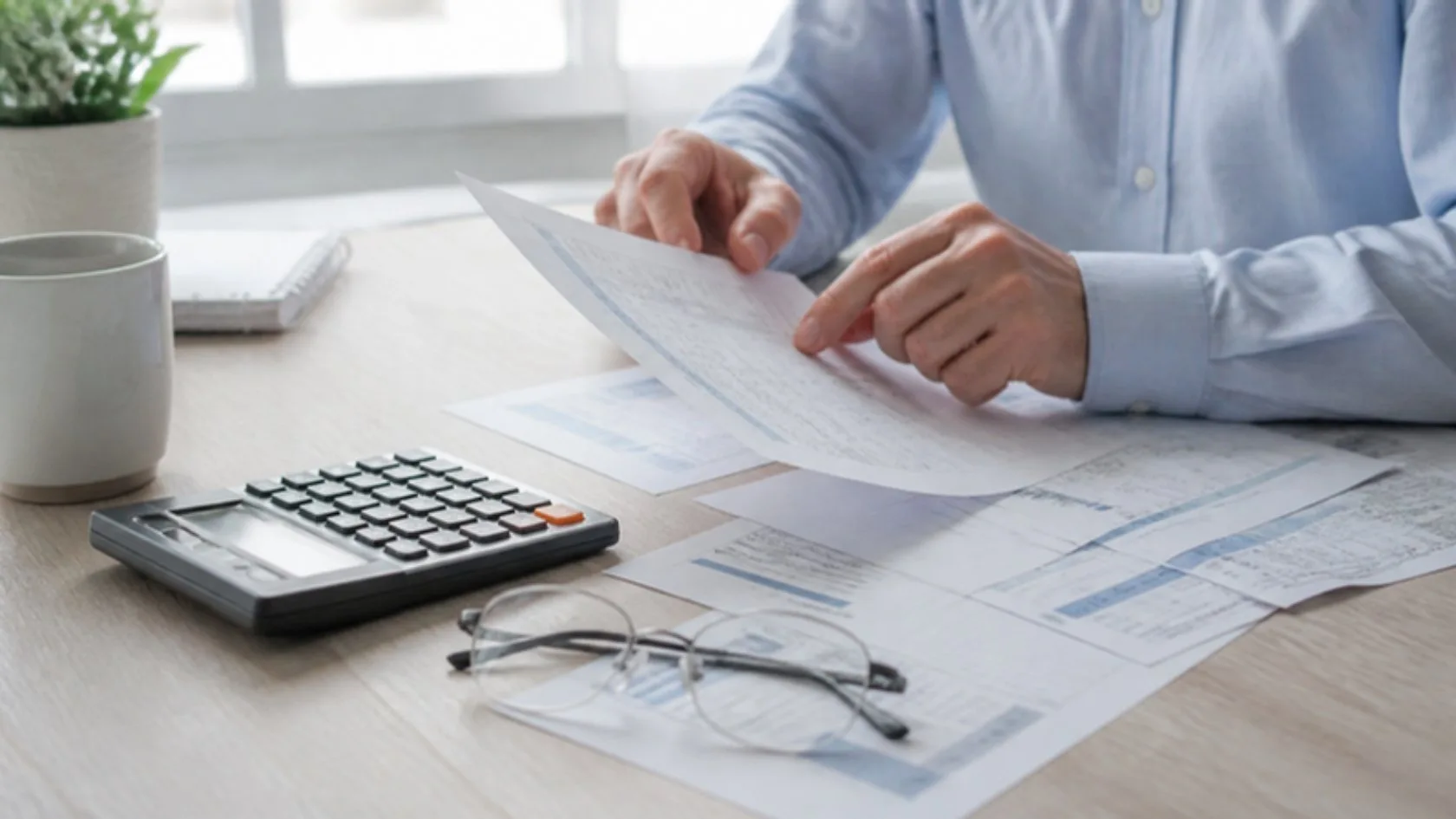 Extractos de tarjeta, calculadora y gafas sobre un escritorio para revisar la cuota mínima de una tarjeta revolving